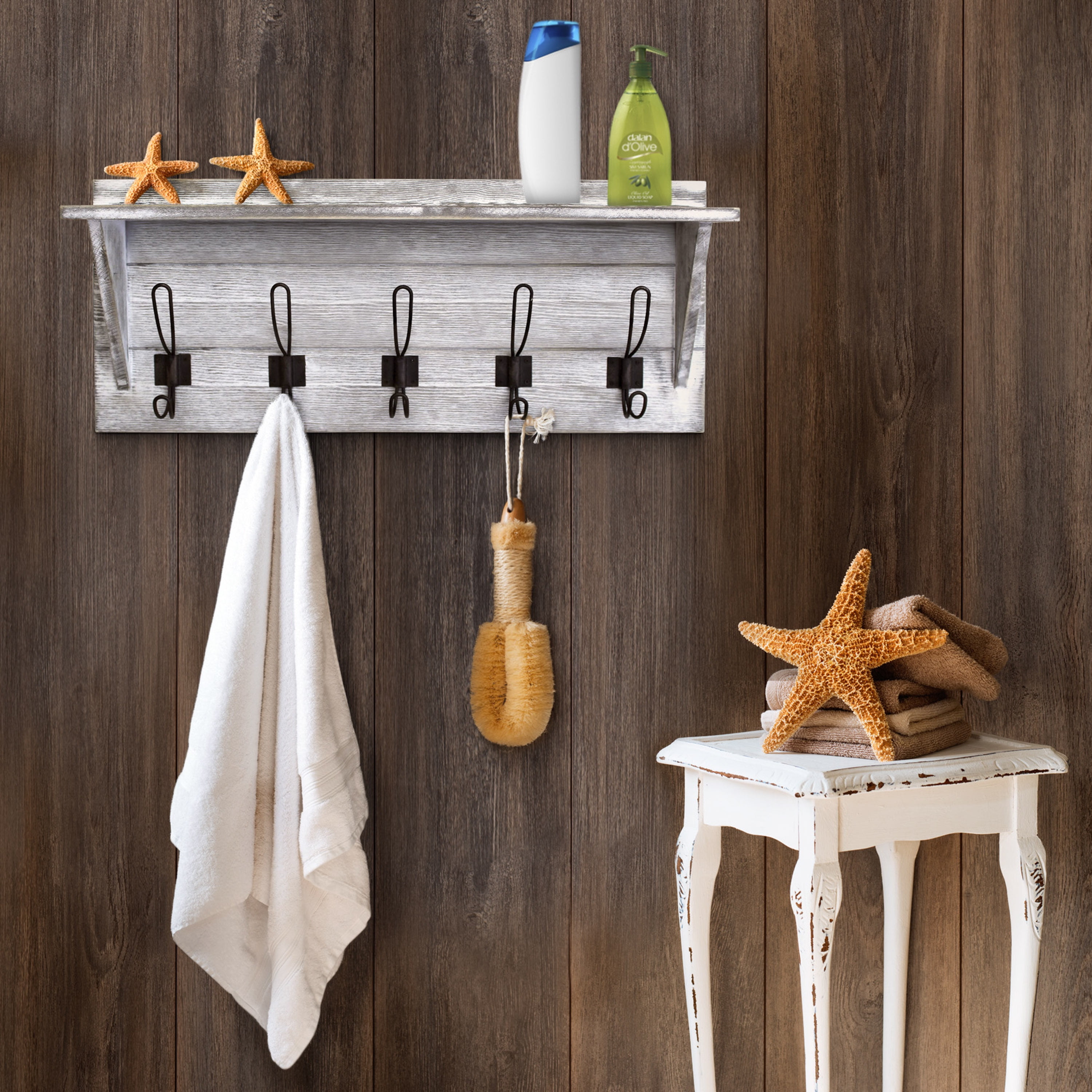 BizChair Rustic Wall Mounted Coat Rack Shelf Wooden Country Style 24 Entryway Shelf with Hooks Solid Pine Wood For Entryway Kitchen Bathroom White Walmart Business Supplies