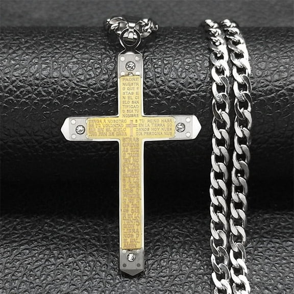 Bible Verse Cross Chain Necklace for Women Men 14K White Gold Spanish Our Father Medal Lord's Prayer Jewelry collier