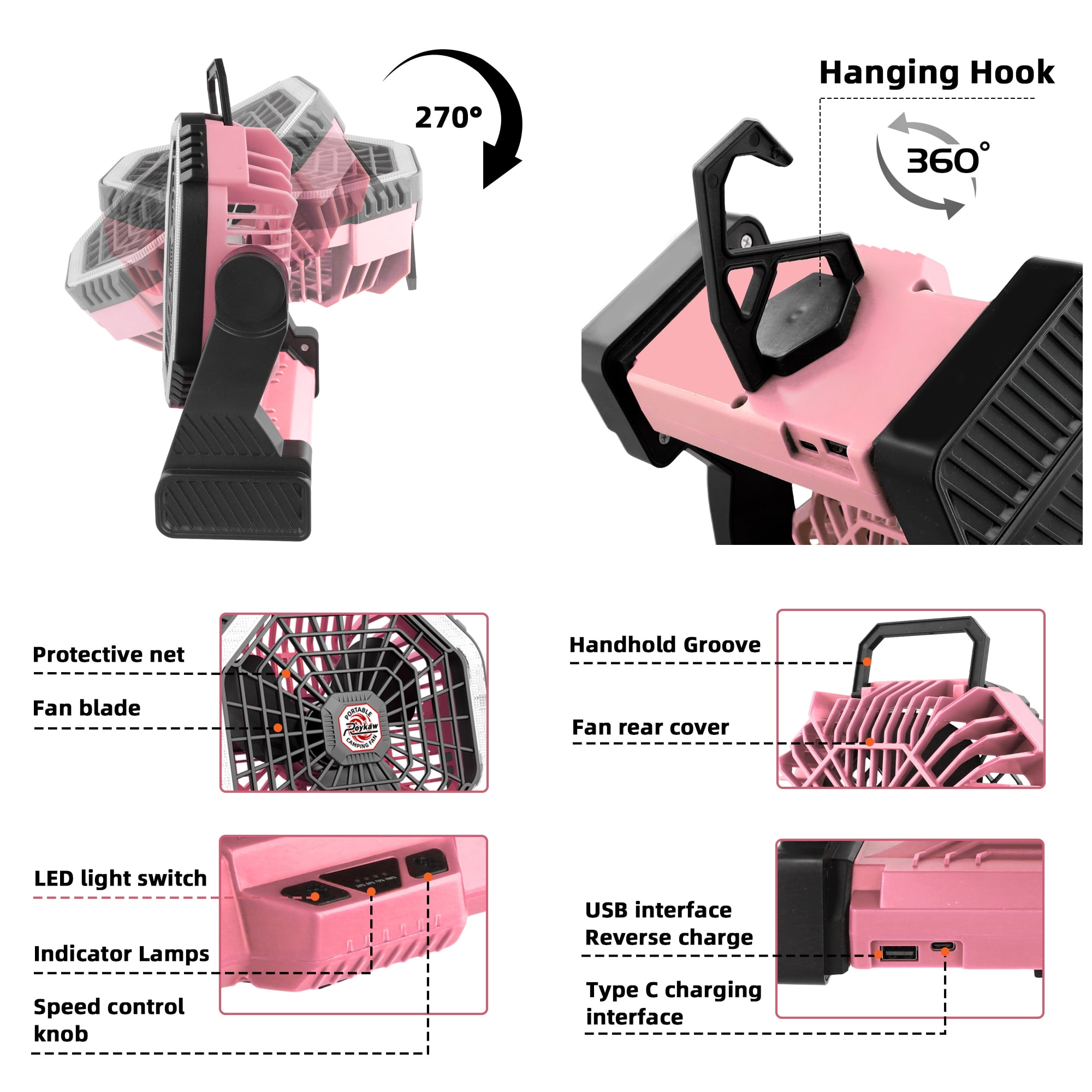Roykaw Portable Fan for Travel, 10400 mAH Rechargeable Camping Fan, Cordless Battery Powered Fan with Led Light, Battery Fan with Handle, Hang Hook for Tent, Fishing, Hurricane Fan for Bedroom, Pink
