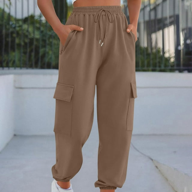 tarylea Cargo Pants for Women Cinch Bottom Elastic Waist Sweatpants Drawstring Solid Color Pants with Multi Pockets Casual Workout Pants