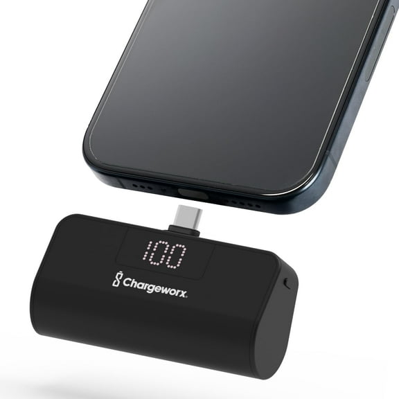 CHARGEWORX Mini Portable Charger Power Bank with Built-in USB-C Connector, LCD Display for Battery, 5000mAh, Fast Charging, Small & Compact Design