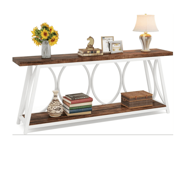 70.9" Vintage Rustic Console Table - Wood & Black Metal, 1.57" Particle Board with Bottom Shelf, 230lb Capacity for Living Room, Entryway, Behind Couch, Hallway