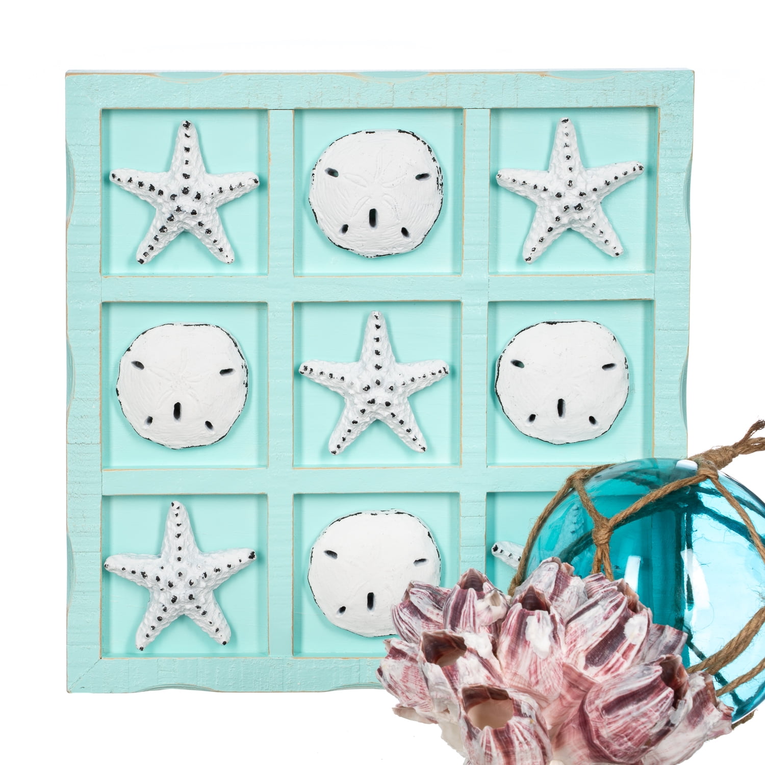 Beach Tic Tac Toe Game - 9" X 9" Seafoam Blue Tic Tac Toe Decor Home W/ White Resin Starfish & Sand Dollars - Real Wooden Tic Tac Toe Game - Tic Tac Toe Coffee Table Game - Nautical Board Game