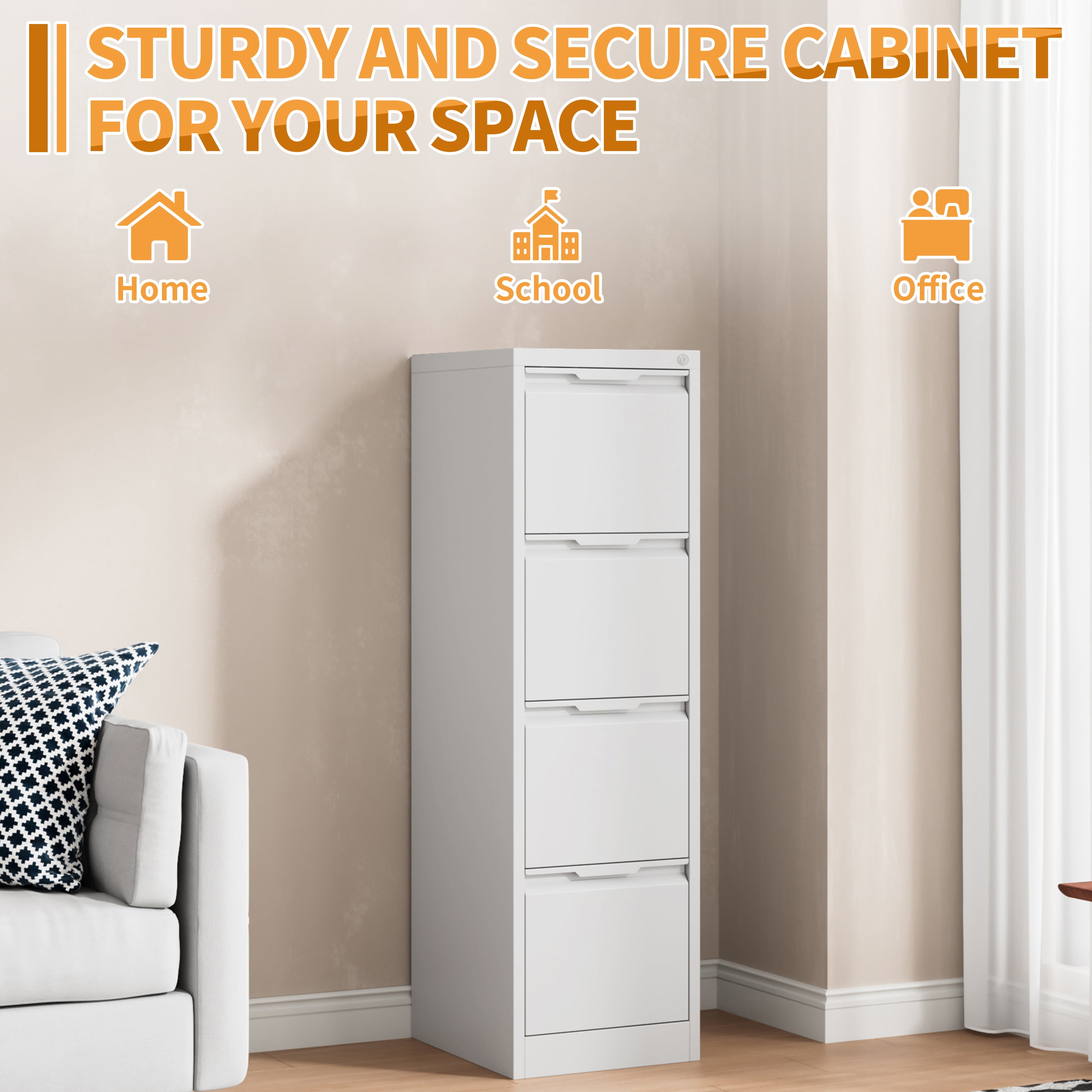 Metal File Cabinet with Lock, Storage Cabinet with 4 Drawers for Home Office, Vertical Filing Cabinet for Legal/Letter/A4 Files,Assembly Required