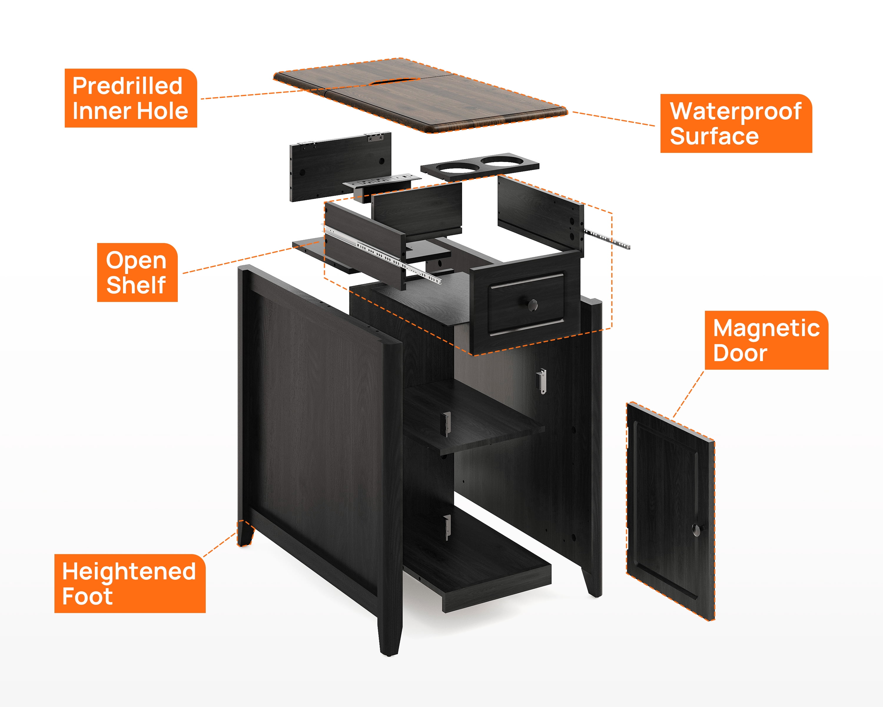 CHIC HOUSE End Tables for Living Room with Charging Station, Farmhouse Nightstand for Bedroom with Drawer Storage, Narrow Side Tables Accent Tables, Small Tables for Small Spaces, Black