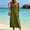 thumbnail image 3 of Bgstyu Women's Cotton Linen Beach Dress Summer Casual Long Dress 3/4 Sleeve Crew Neck Tie Front Maxi Dresses with Pockets, 3 of 9