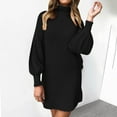 thumbnail image 2 of Fsqjgq Fall Dresses for Women 2024 Loose Lantern Sleeve Turtleneck Oversized Cable Knit Long Pullover Mini Sweater Dress Black-F S, 2 of 5