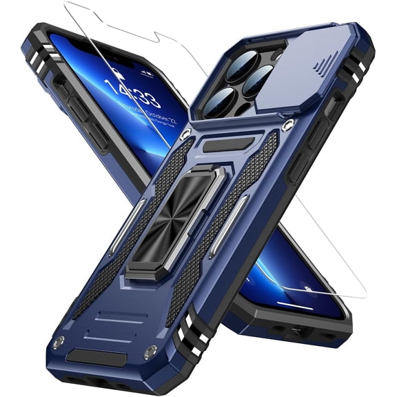 for iPhone 13 Pro Max Case with Screen Protector,Sliding Camera Cover,-Grade Cover with  Stand Phone Case 6.7" Navy Blue