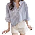 thumbnail image 1 of Gibobby Blusas De Moda Blusa de cuello en V de cuartos con estampado de rayas de camisa de negocios de moda para mujer（Aqua， L), 1 of 3