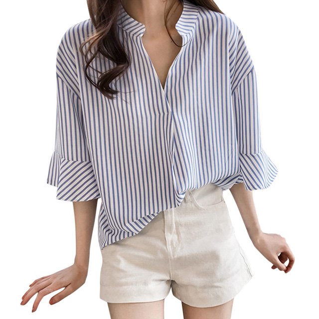 Gibobby Blusas De Moda Blusa de cuello en V de cuartos con estampado de rayas de camisa de negocios de moda para mujer(Aqua, L)