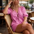 thumbnail image 6 of Jalioing Women's Cotton Pajamas Tie Front Short Sleeve Tops and Shorts Pjs Set 2 Piece Plaid Sleepwear Summer Loungewear, 6 of 9