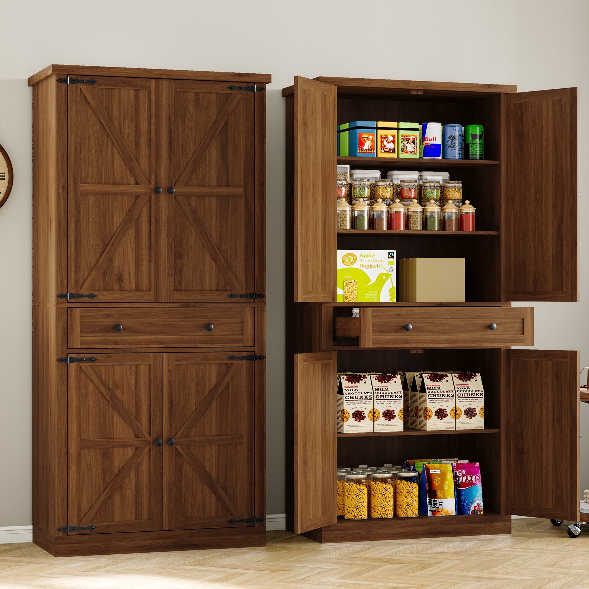FANRAL 71” Tall Pantry Organizers and Storage Cabinet with Barn Doors & Drawers,Adjustable Shelf for Kitchen Dining Room Living Room Bathroom Office,Walnut Pantry Cabinet