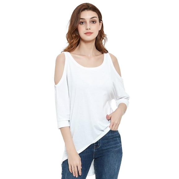 Women's Casual Cold Shoulder T-Shirt Loose Scoop Neck 3/4 Sleeve Top Blouse, White, Small