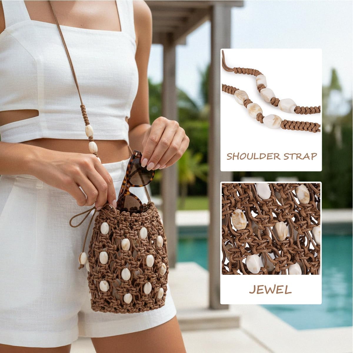 Women’s Boho Beaded Crochet Crossbody Phone Bag Lightweight Small Shoulder Purse with Adjustable Strap