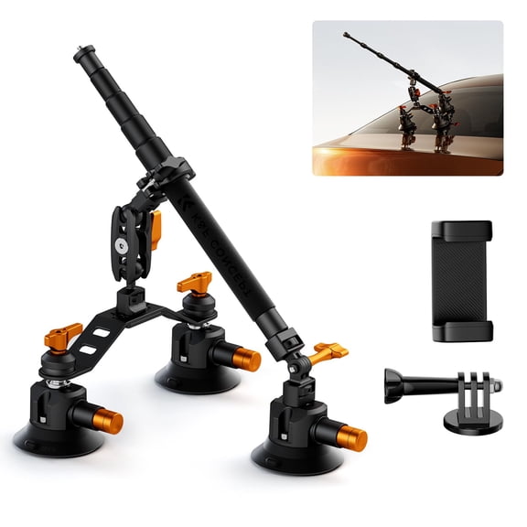 K&F CONCEPT Car Mount for Camera 3 in 1 Suction Cup Mount Kit 15° Curved Surface Adjustment with Action Camera Extension Pole Adapter Phone Holder Compatible with GoPro Insta360 DJI OSMO