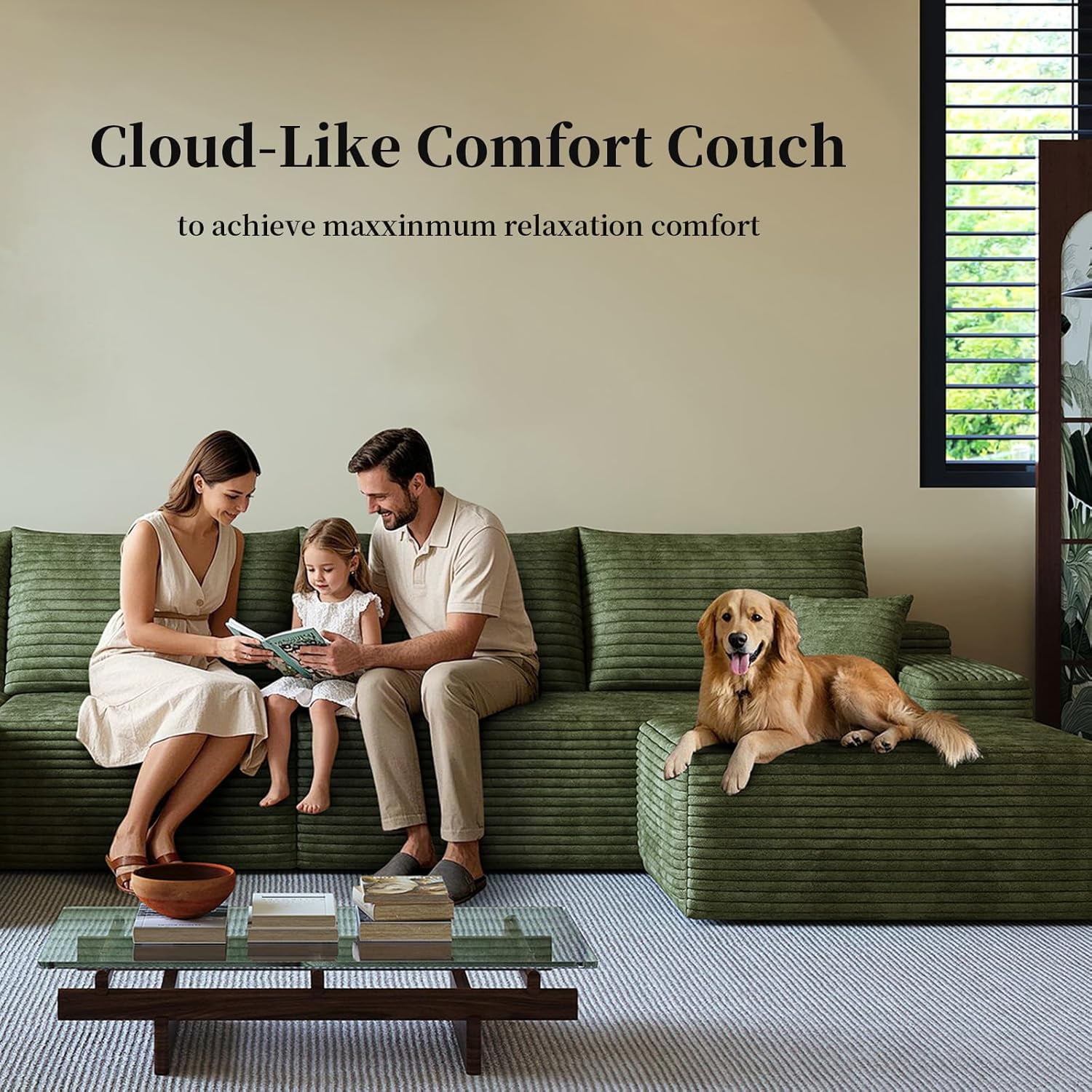 Sailvan 135" Cloud Sectional Couch, Cloudy Sofa with L-Shape Chaise & Ottoman, Upholstered Couches for Living Room & Bedroom, No Assembly Required, Plush Corduroy Fabric, Green