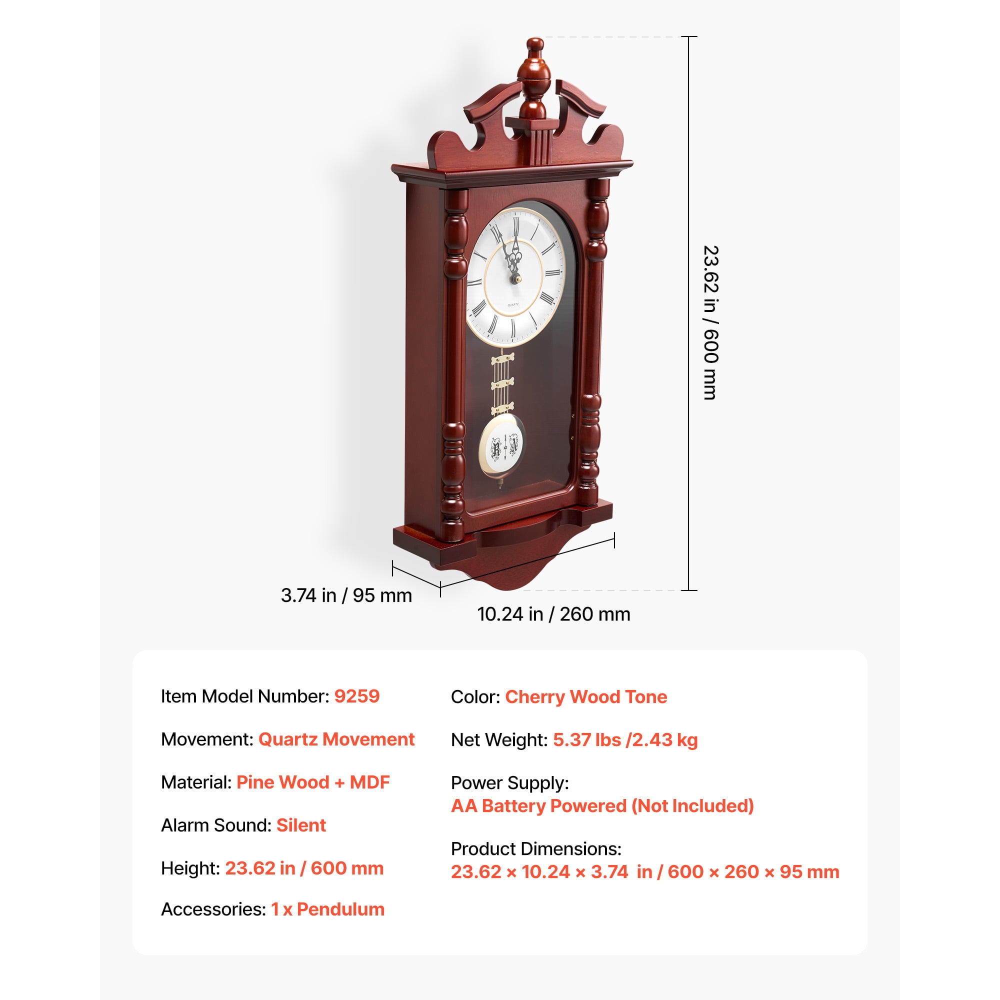 KFFKFF Classic Grandfather Clock, 23.2 in Vintage Pendulum Wall Clock, Pine Wood & MDF Construction with Quartz Mechanism and Silent Operation, Ideal for Living Room, Bedroom, Home Decoration & Gift