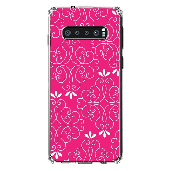 DistinctInk Clear Shockproof Hybrid Case for Samsung Galaxy S10 (6.1" Screen) - TPU Bumper, Acrylic Back, Tempered Glass Screen Protector - Neon Pink White Floral