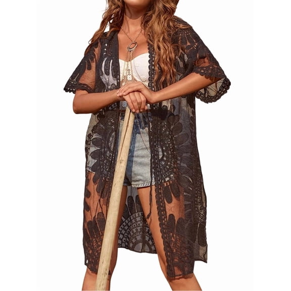 Women'S Bathing Suit Cover Up Lace Kimonos Swim Cover Up Open Front Sheer Kimonos Cardigan Black One Size
