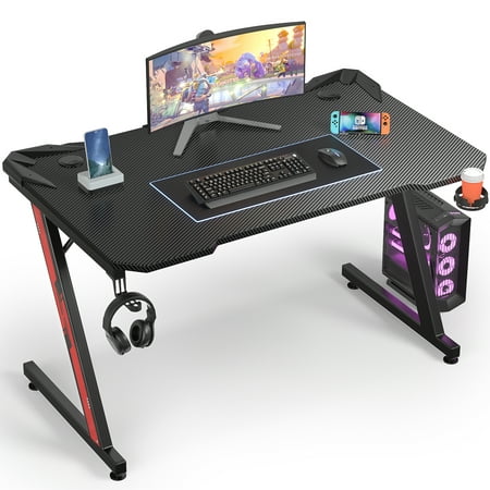 Homall 44 Inches Z-Shaped Gaming Desk Carbon Fiber Surface Desk with Cup Holder & Headphone Hook, Black
