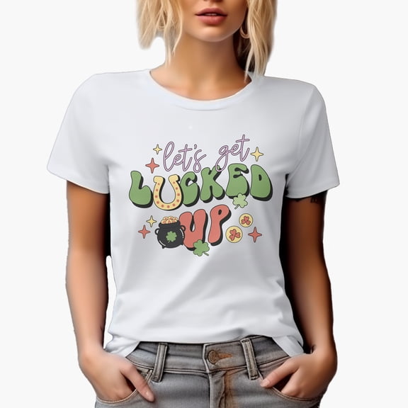 Let's Get Lucked Up, Retro Groovy Wavy St. Patrick's Day Text Art Merch Gift, White T-Shirt, Small