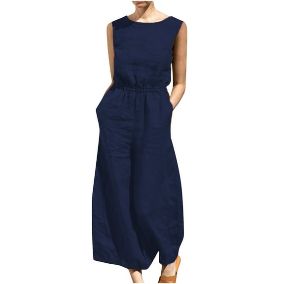 Linen Jumpsuits for Women Sleeveless/Short Sleeve Solid Crewnek Loose Wide Leg Palazzo Cropped Pants Lounge Romper with Pockets