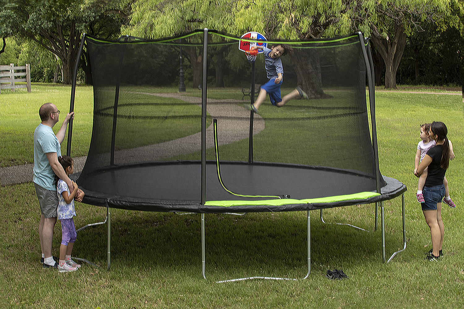 Jump King 14ft Trampoline With Basketball Hoop, Safety Enclosure, Green - image 2 of 10