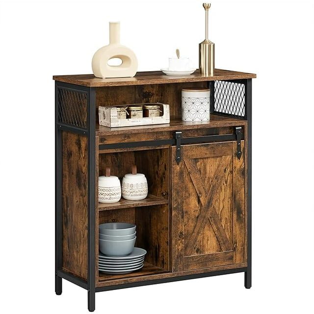 VASAGLE Mueble de Almacenamiento, Aparador, Armario de Cocina, Puerta Corredera, 30 x 70 x 80 cm, Estante Ajustable, Marrón Rústico y Negro
