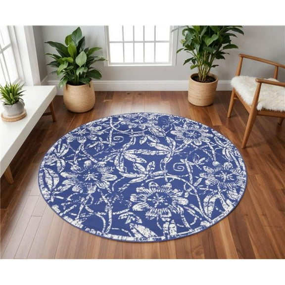 HomeRoots 552319 8 ft. Floral Distressed Round Rug, Ivory & Navy Blue