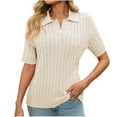 thumbnail image 2 of Women Short Sleeve Sweater Tops Summer V Neck Cable Knit Pullover Casual Lapel Shirts, 2 of 3