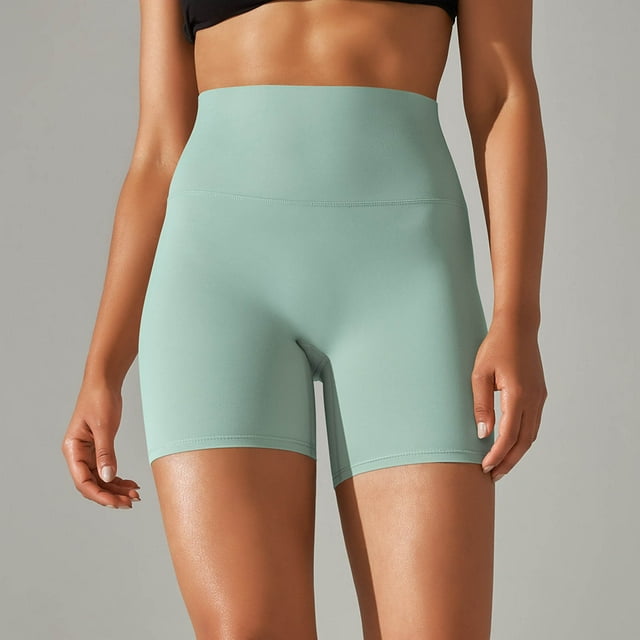 LOVZFMLL Woman Solid Color Elastic High Waist Yoga Shorts Slim Pants Mint Green L