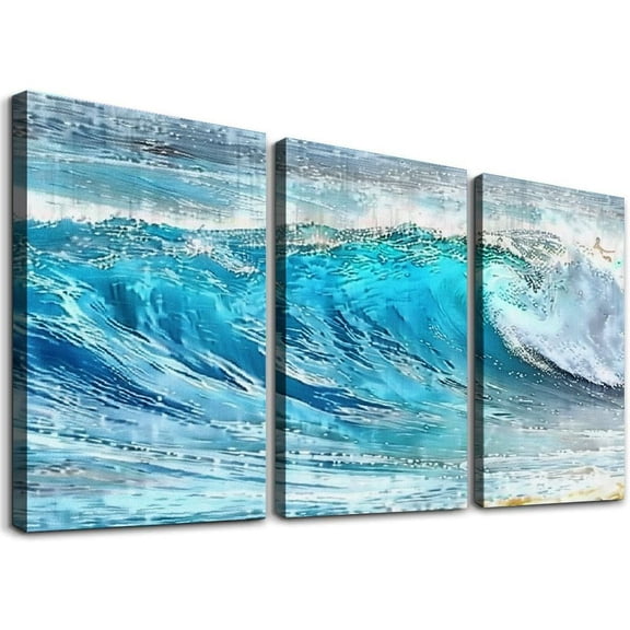 JRXY Ocean Waves Canvas 3Pcs Wall Art Turquoise Waves at Sandy Beach Painting Pictures Hawaii Themed Prints Artwork for Modern Home Office Decor Framed 12x16x3pcs