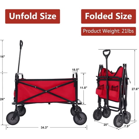 Folding Collapsible Utility Wagon Cart, Burgundy - Large Capacity Outdoor Garden Shopping Camping Cart