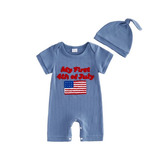 Cenuakty Baby 3M 6M 12M Boy Independence Day Jumpsuit Short Sleeve Round Neck Letter Flag Embroidery Romper with Hat