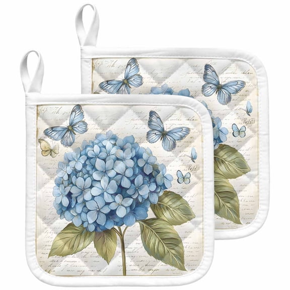 Blue Hydrangea Pot Holders for Kitchen Heatproof Potholder, 2 Pack Spring Vintage Botanical Butterfly Hot Pads Multipurpose Oven Pads Cloth Potholders Trivet for Cooking and Baking