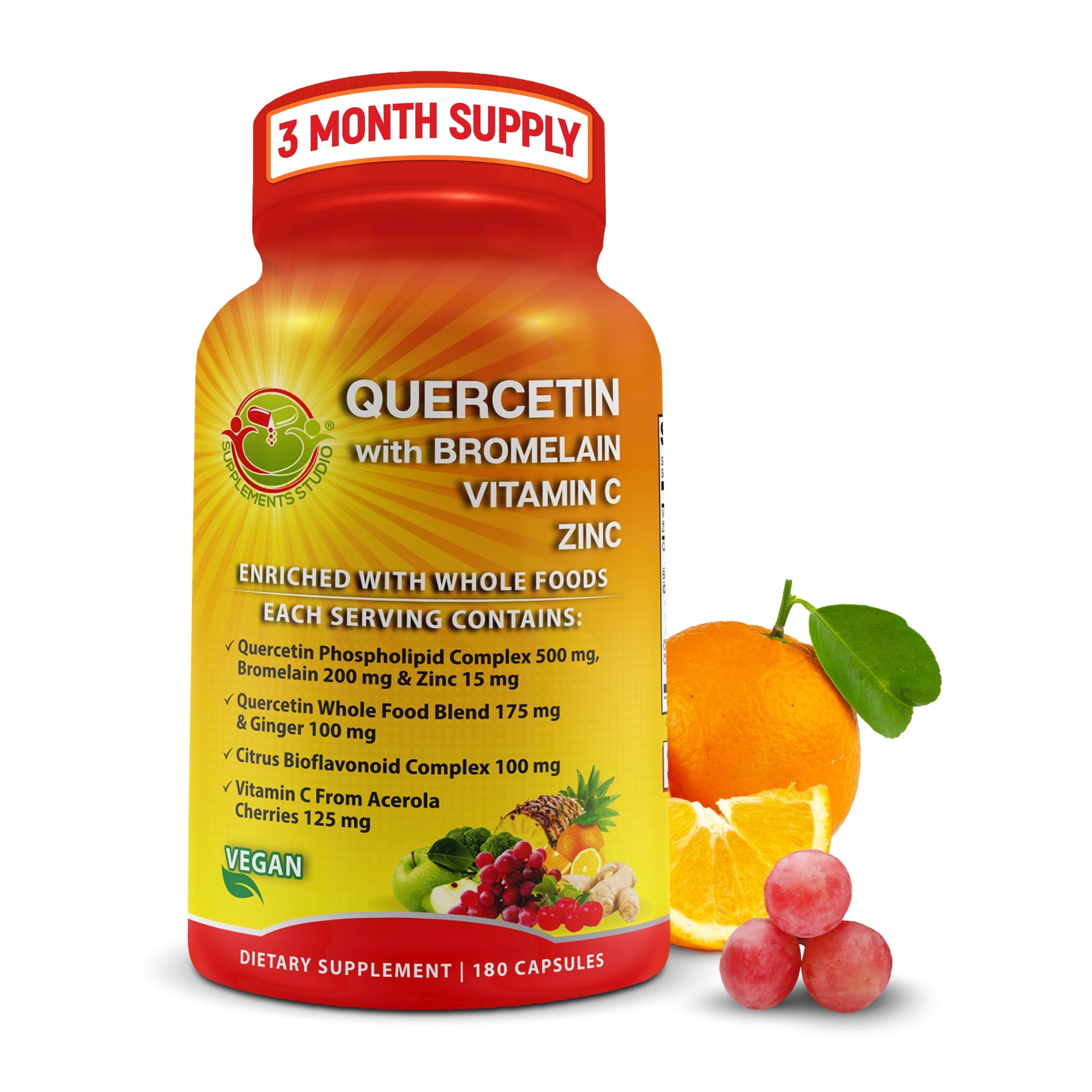 Quercetin with Bromelain – Quercetin Phospholipid Complex 500 mg High Absorption Supplement – Immune Support with Vitamin C, Zinc, Ginger & Citrus Bioflavonoids – Organic Whole Food Blend – 180 Count