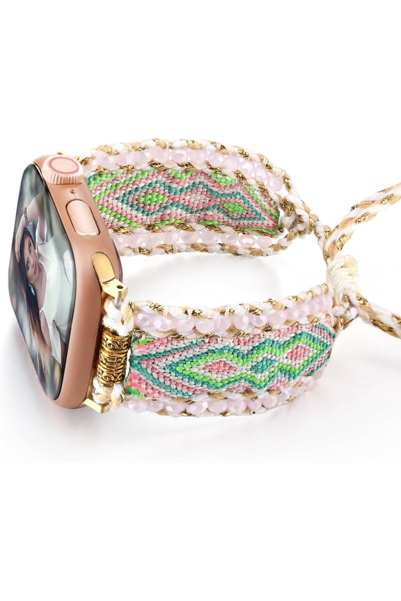 Boho handwoven Apple Watch band, fits 38/40/41/42/44/45/46/49 mm; adjustable beaded strap for Series 1-10, SE & Ultra 2.