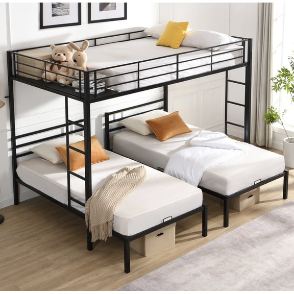 DeepRoar Full over Twin over Twin Bunk Bed, Metal Triple Bunk Bed Frame with 2 Ladders and Guardrails, Bunk Beds for Teens and Adults, Space Saving Bunk Bed for Bedroom, No Box Spring Needed, Black