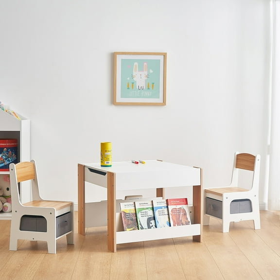 XJD 3-Piece Activity Kids Table and Chair Set, Toddler Table and Chair Set Drawing, Reading, Crafts, Play Table, White