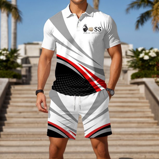 WILLBEST Conjunto Deportivo de Verano con Estampado de Letras Europeas para Hombre, Camisa de Manga Corta con Cuello Abotonado y Pantalones Cortos con Bolsillo 2005