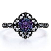 JeenMata Antique 1 Carat Round Cut Synthetic Alexandrite and Moissanite Milgrain Flower Engagement Ring in 18k Black Gold over Silver