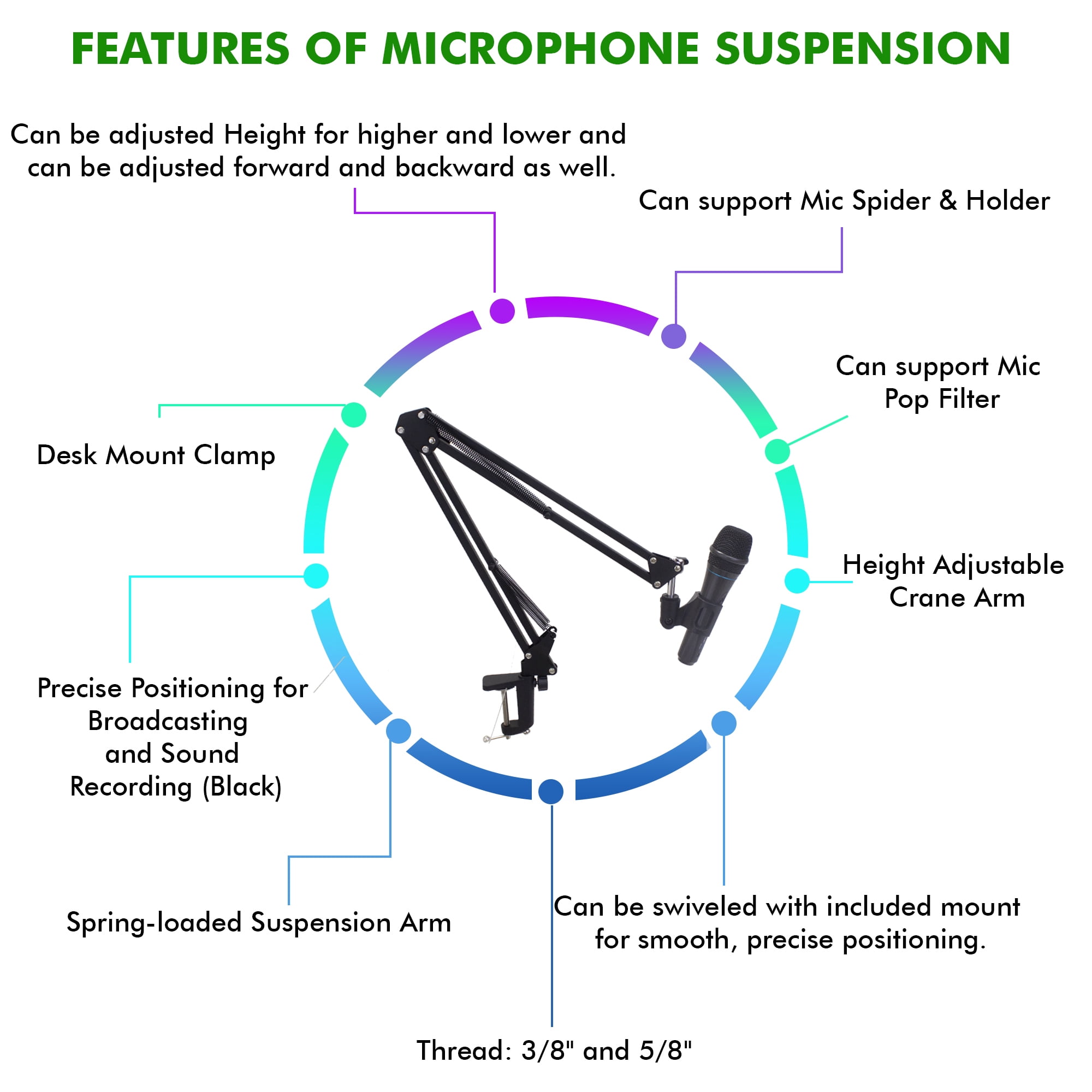 Technical Pro Microphone Suspension Arm Height Adjustable Crane 20.9in Steel