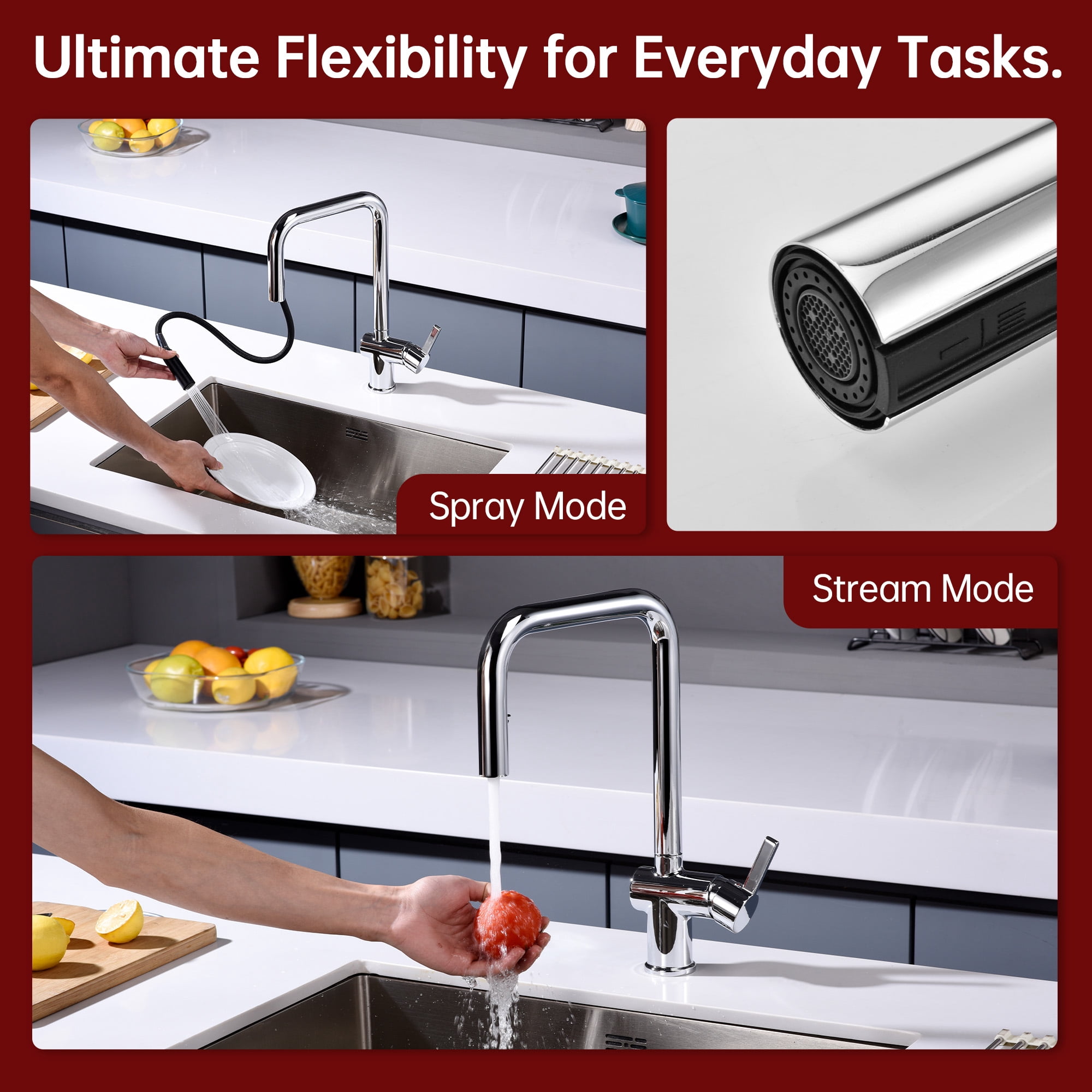 SUMERAIN Pull Down Sprayer Kitchen Faucet with Single Handle, Stainless Steel Lead Free Kitchen Sink Faucet, Chrome Finish