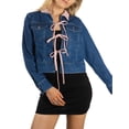 thumbnail image 2 of Jess por Meiko Chaquetas de Mujer de Manga Larga con Cuello, Chaqueta de Denim con Color Contrastante y Corbata, Talla M, Azul Denim/Rosa, 2 of 6