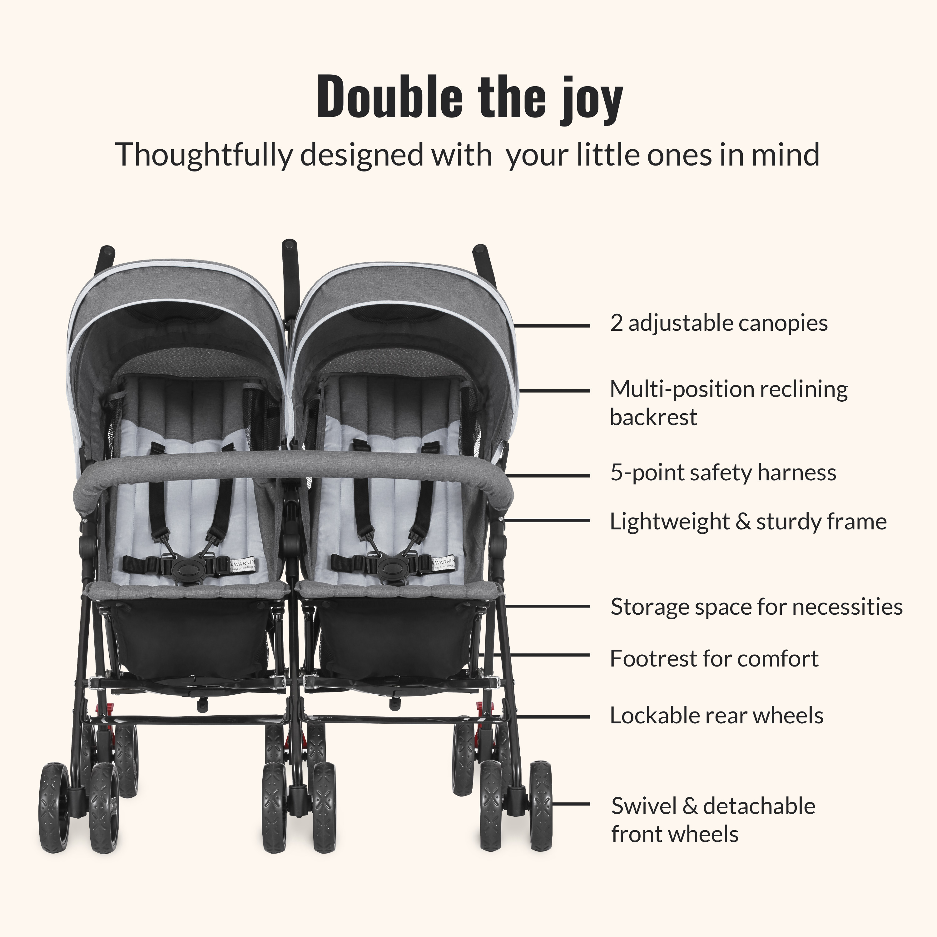 Dream On Me Volgo Twin Umbrella Stroller, White photo 3