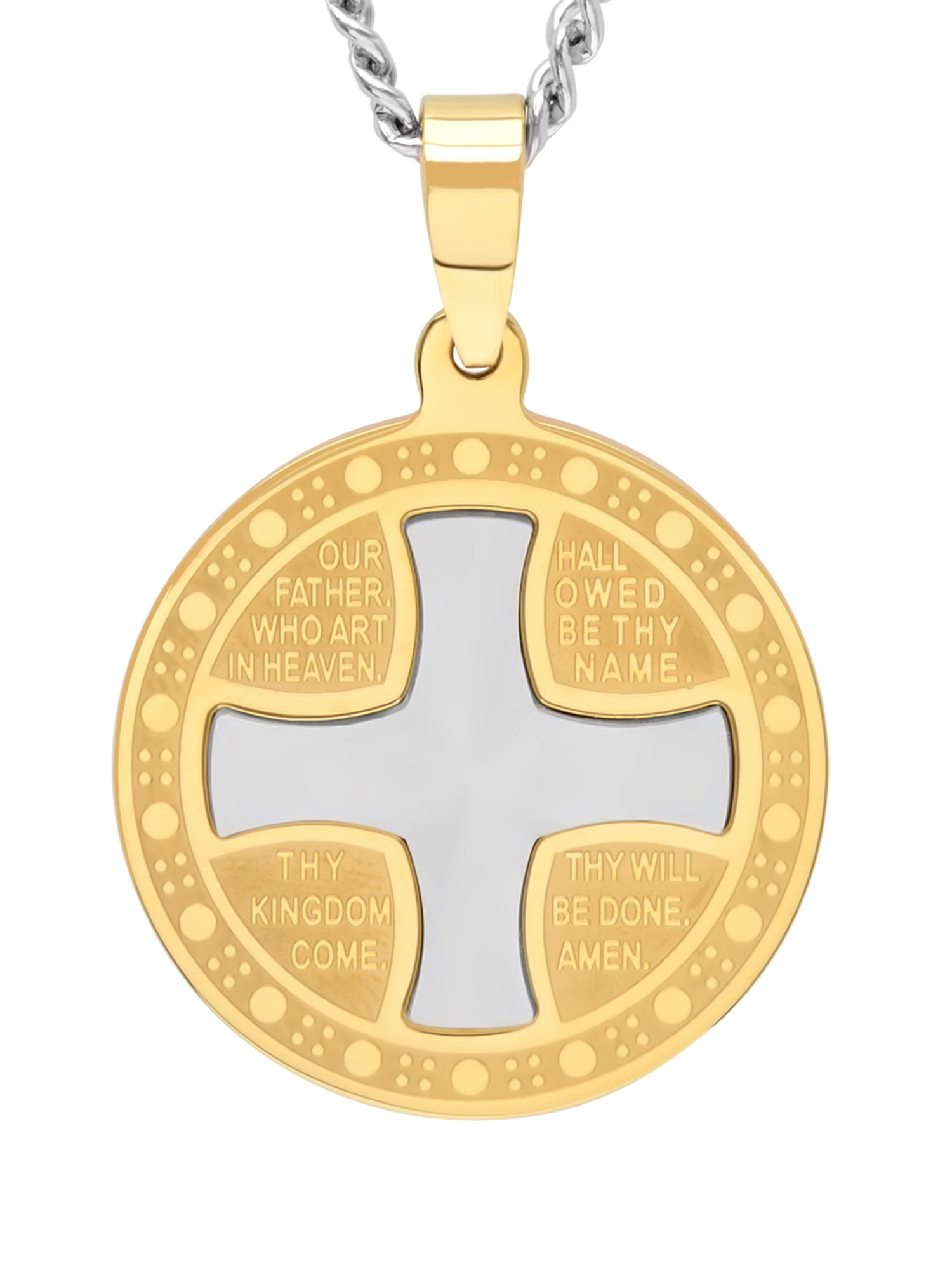 24" Men's Prayer & Crucifix Pendant in Two-Tone Stainless Steel 
