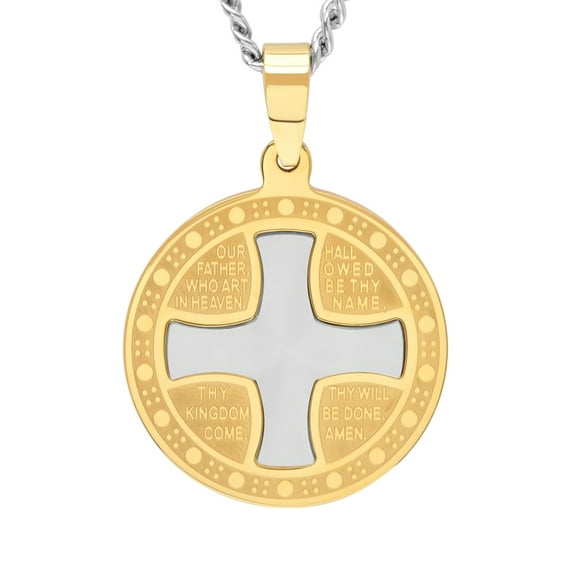Mens Two-Tone Stainless Steel The Lord's Prayer Cross and Medallion Pendant Necklace