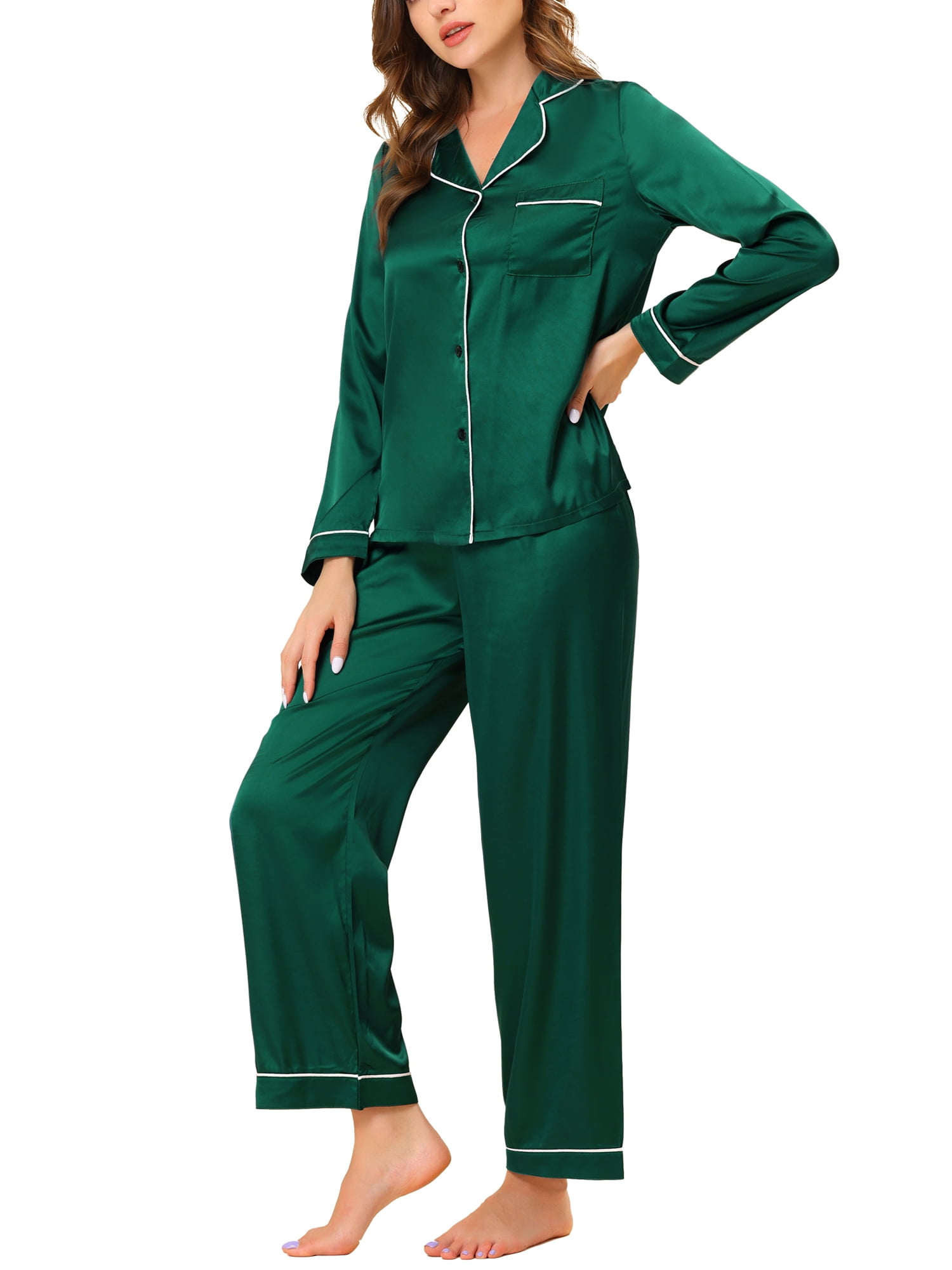 Unique Bargains Women's Pajama Loungewear Long Sleeves Tops and Pants Satin Sleepwear Sets