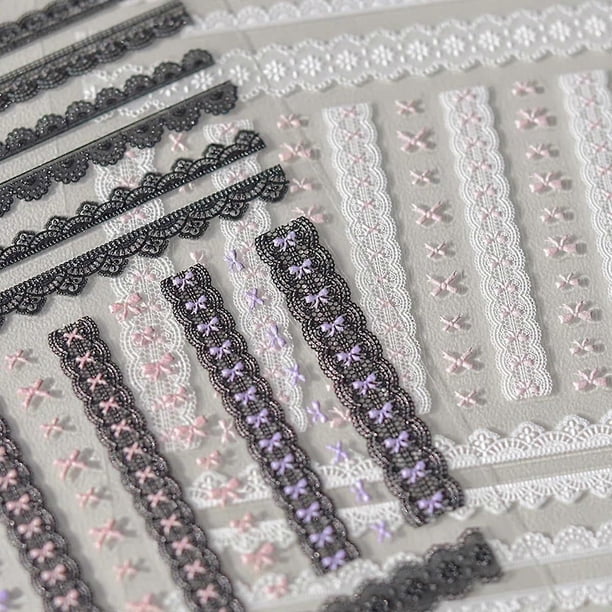 Pegatinas 5D para uñas con diseño de lazo de encaje y corazón en relieve, rosa y negro, autoadhesivas.