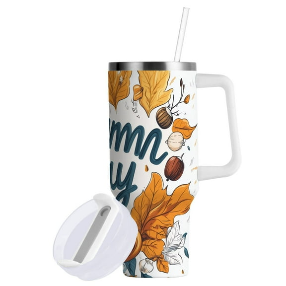 Yayeee 40oz Stainless Steel Tumbler with Straw and Handle Double-Wall Insulated Travel Water Bottle, Autumn Day with Cocoa Pattern